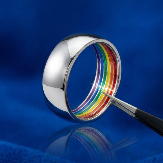 Bague discrète LGBT Pride en Acier Poli – Anneau minimaliste Arc-en-ciel Caché