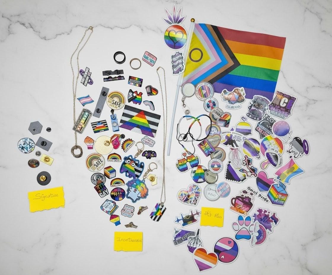 Sachet surprise Pride LGBTQ+ pins badges stickers accessoires arc-en-ciel exclusifs queer