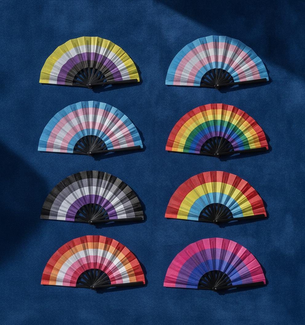Éventail géant pliable LGBTQIA Pride 66cm, accessoire militant arc-en-ciel, plastique tissu