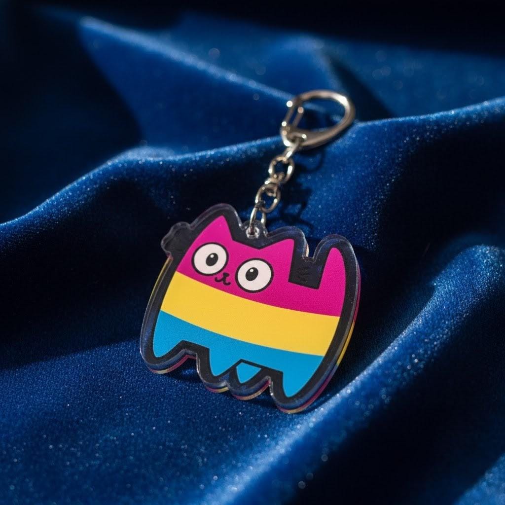 Porte-clé chat acrylique, motif Trans Pride rayures LGBTQIA+, mousqueton métal
