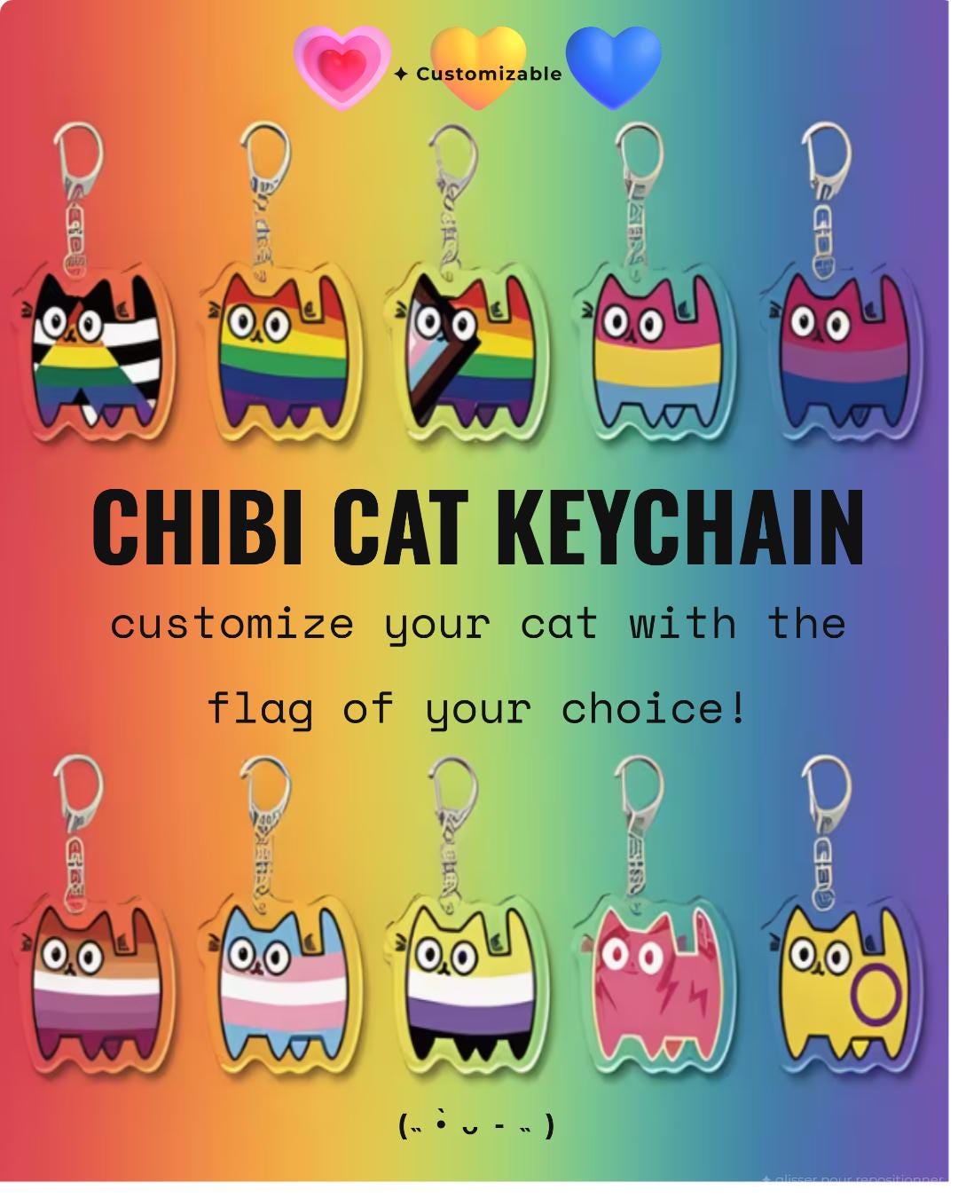 Porte-clé chat acrylique, motif Pride rayures LGBTQIA+, personnalisable