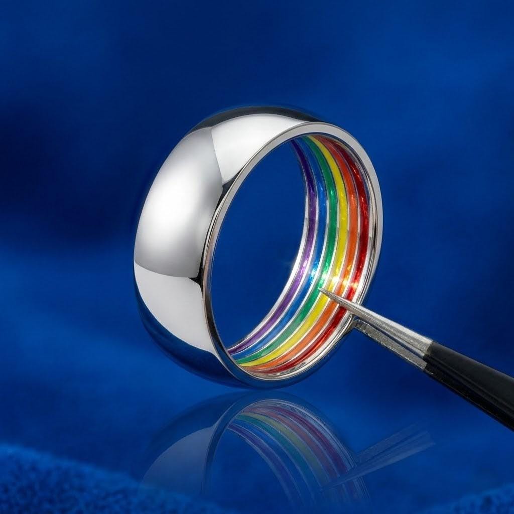 Bague discrète LGBT Pride en Acier Poli – Anneau minimaliste Arc-en-ciel Caché
