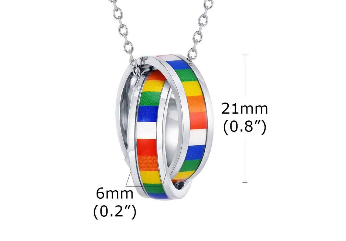 Collier double anneau entrelacé arc-en-ciel. Pendentif acier inoxydable. Bijou fierté unisexe