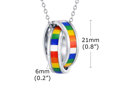 Collier double anneau entrelacé arc-en-ciel. Pendentif acier inoxydable. Bijou fierté unisexe