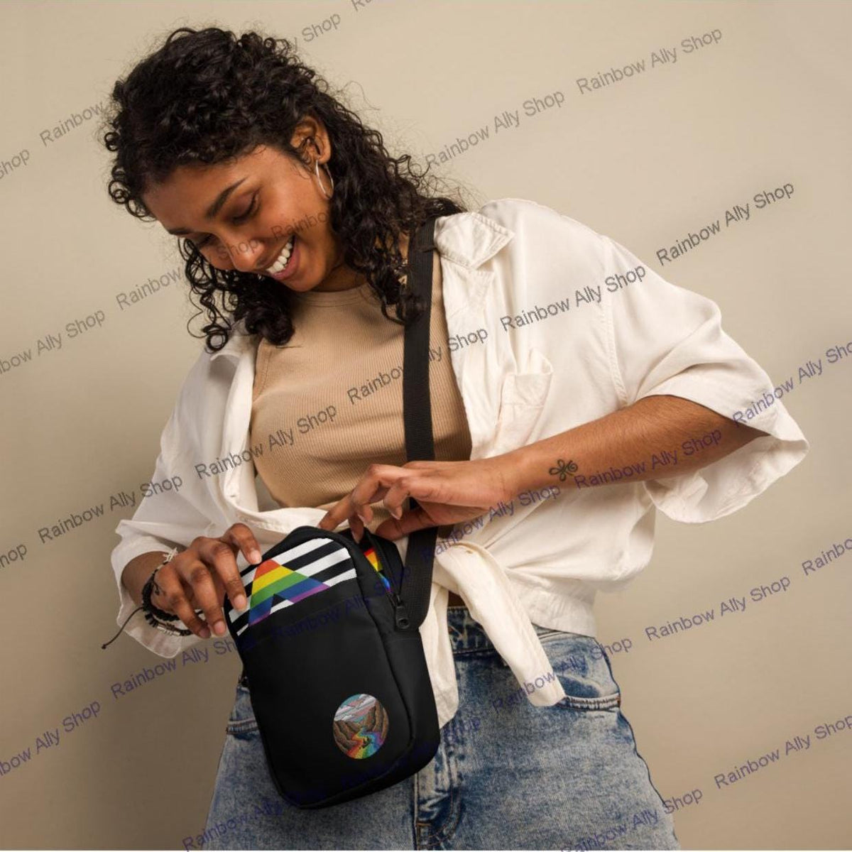 Sac bandoulière Drapeau Allié à motif vitrail arc-en-ciel, petite sacoche zippée réglable