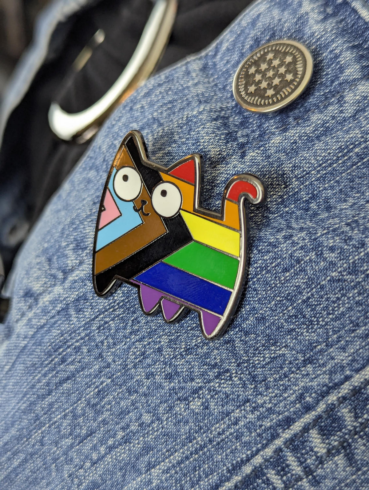 Pin's émail Chat LGBT, Badge drapeau progress pride accessoire militant