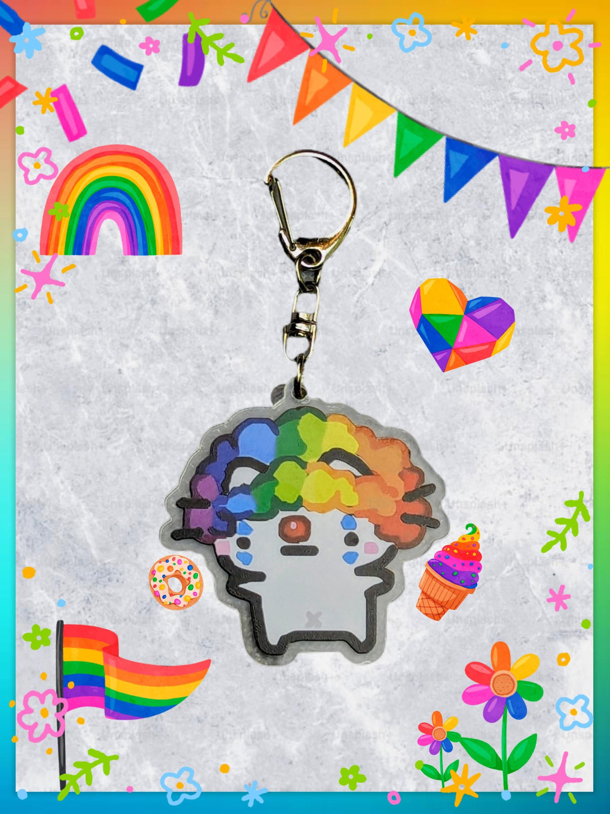 Porte-clés Chat Clown arc-en-ciel en acrylique, accessoire militant LGBT style kawaii