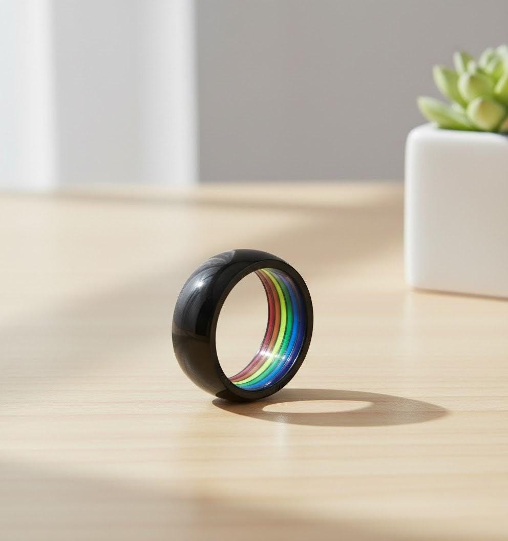 Men’s Minimalist LGBT Pride Ring – Spinner Band with Interior Rainbow Flag