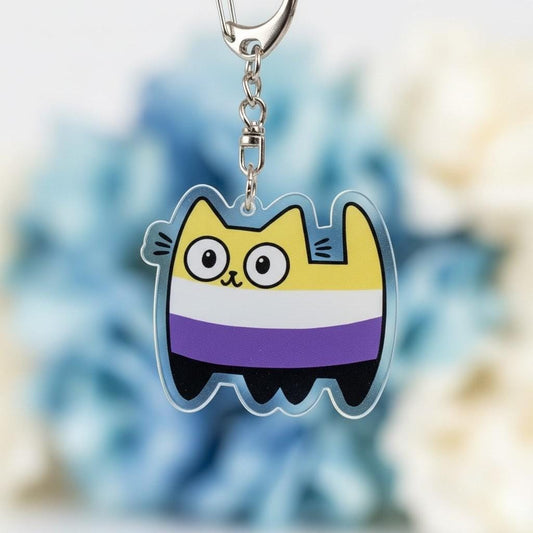 Porte-clé chat non binaire acrylique, motif Pride rayures LGBTQIA+, mousqueton métal
