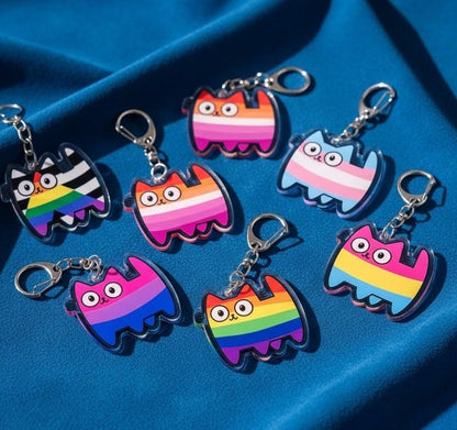 Porte-clé chat non binaire acrylique, motif Pride rayures LGBTQIA+, mousqueton métal