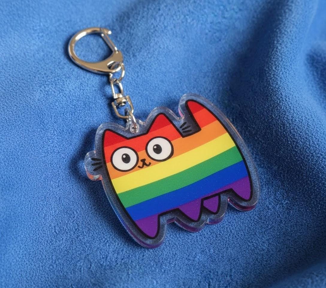 Porte-clé chat acrylique, motif Pride rayures LGBTQIA+, personnalisable