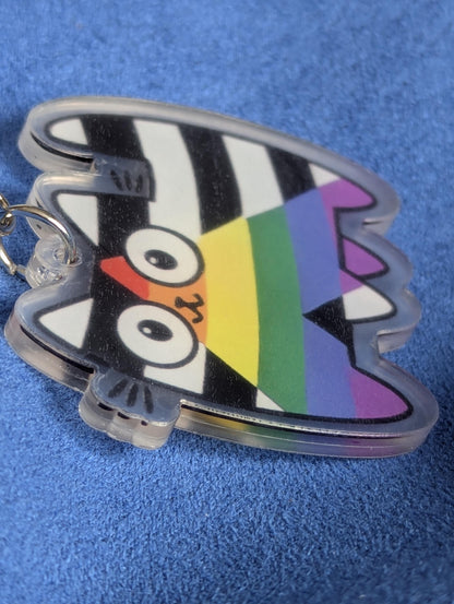 Porte-clé chat non binaire acrylique, motif Pride rayures LGBTQIA+, mousqueton métal