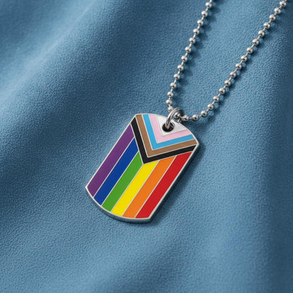 Collier pendentif rectangulaire drapeau fierté LGBT en laiton, progress pride, Unisexe