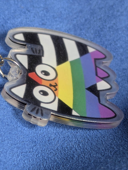 Porte-clé chat arc-en-ciel acrylique, motif Pride rayures LGBT, mousqueton métal