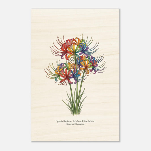 Impression botanique sur bois Lycoris Radiata "Fleur de la Mort", illustration arc-en-ciel Pride