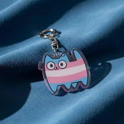 Porte-clé chat acrylique, motif Trans Pride rayures LGBTQIA+, mousqueton métal