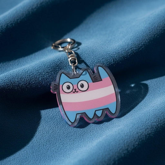 Porte-clé chat acrylique, motif Trans Pride rayures LGBTQIA+, mousqueton métal