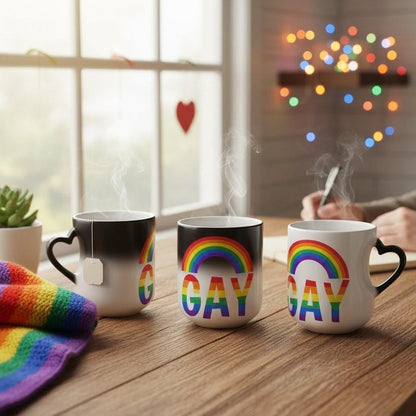 Lot de 4 Tasses thermoréactive cœur, arc-en-ciel Fierté LGBT, mug céramique, Gay friendly