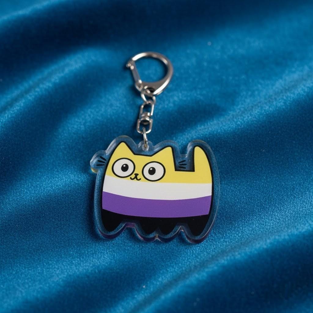 Porte-clé chat non binaire acrylique, motif Pride rayures LGBTQIA+, mousqueton métal