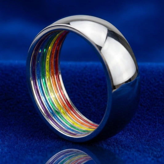 Bague discrète LGBT Pride en Acier Poli – Anneau minimaliste Arc-en-ciel Caché