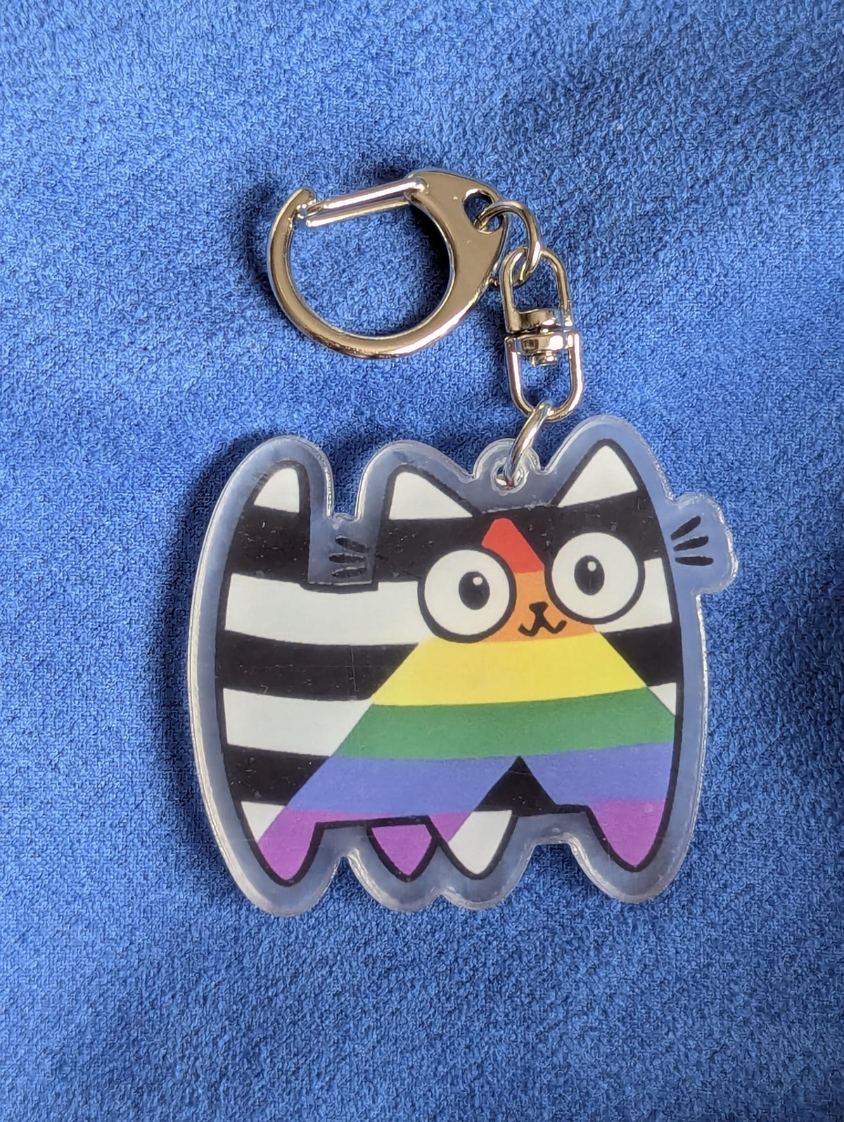 Porte-clé chat arc-en-ciel acrylique, motif Pride rayures LGBT, mousqueton métal