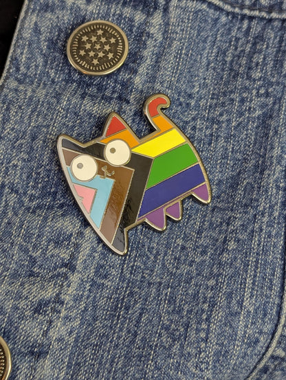 Pin's émail Chat LGBT, Badge drapeau progress pride accessoire militant
